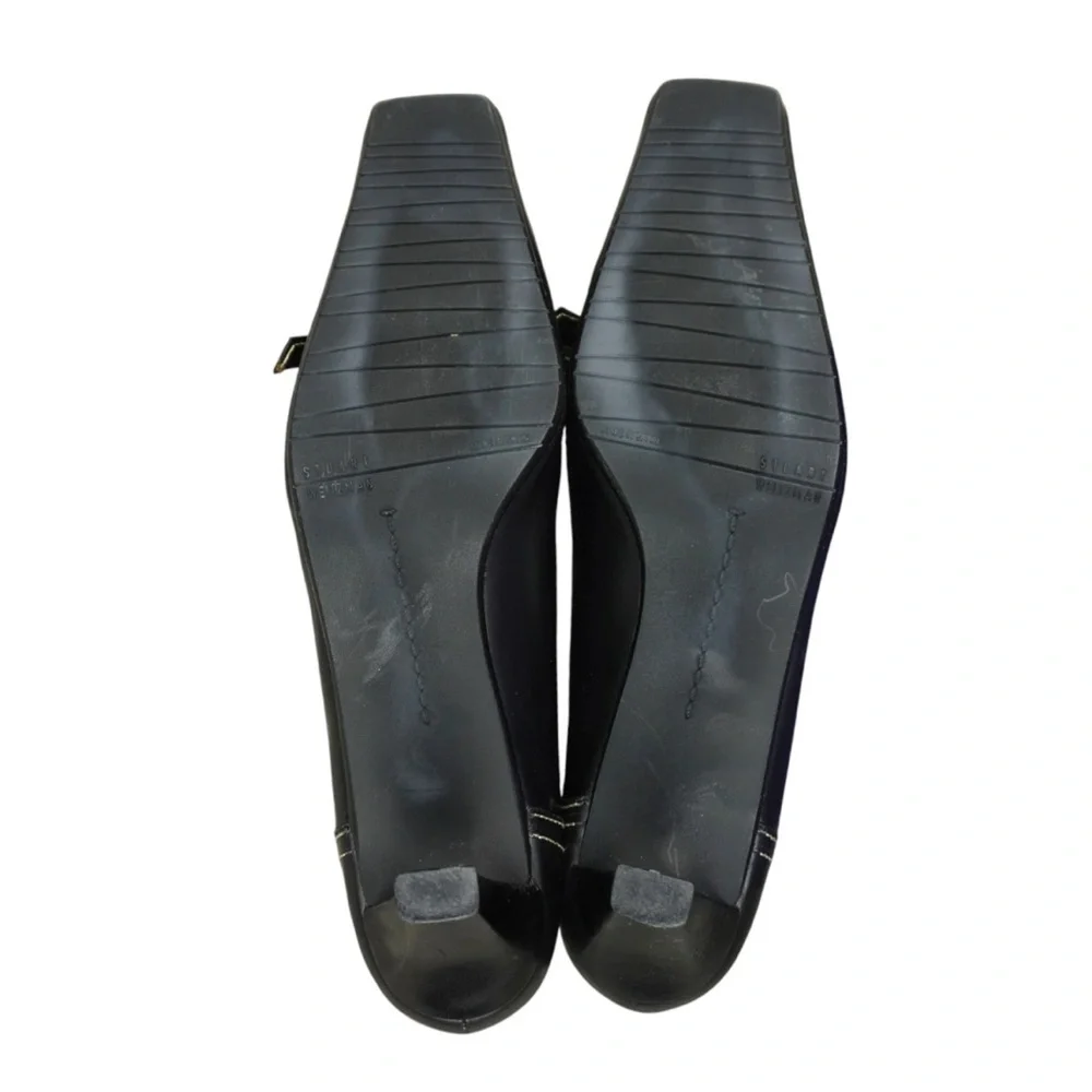 Stuart Weitzman Vtg Black Leather Square Toe Heels Size 9N Bow Tie Butler